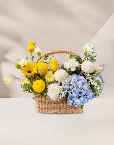 กระเช้าดอกไม้สามสี ฟ้า เหลือง ขาว สำหรับวันเกิดผู้เป็นความสดใสให้คุณ บริจาคให้มูลนิธิเด็กเพื่อเพิ่มความสดใสคูณสอง